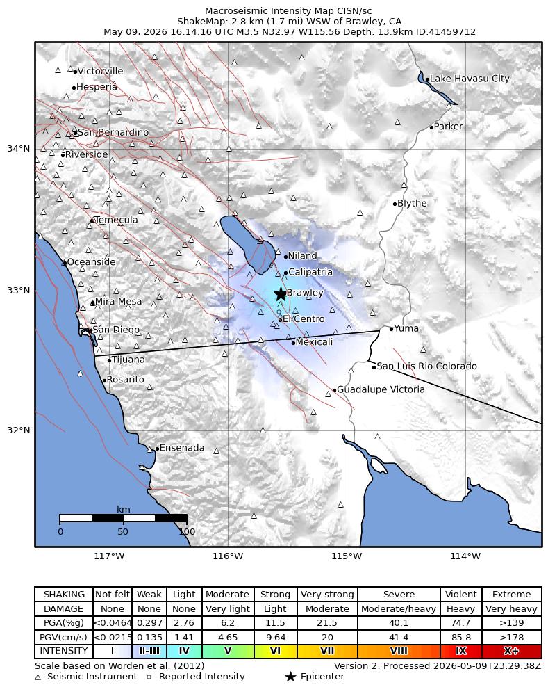 USGS ShakeMap intensity contours for the M3.5 earthquake near 3 km WSW of Brawley, CA