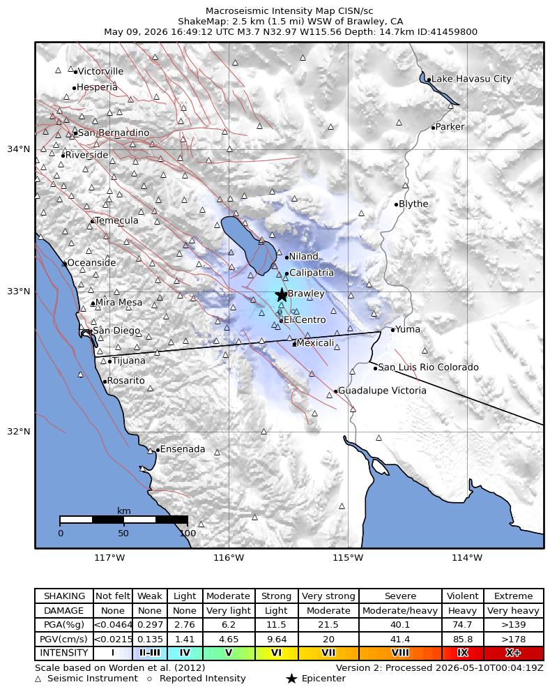USGS ShakeMap intensity contours for the M3.5 earthquake near 2 km WSW of Brawley, CA