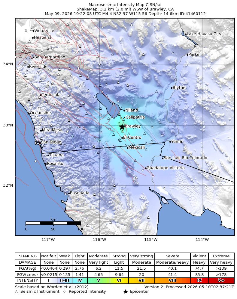 USGS ShakeMap intensity contours for the M4.4 earthquake near 3 km WSW of Brawley, CA