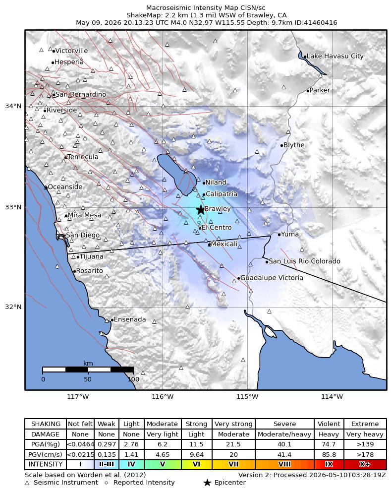 USGS ShakeMap intensity contours for the M4.0 earthquake near 2 km WSW of Brawley, CA