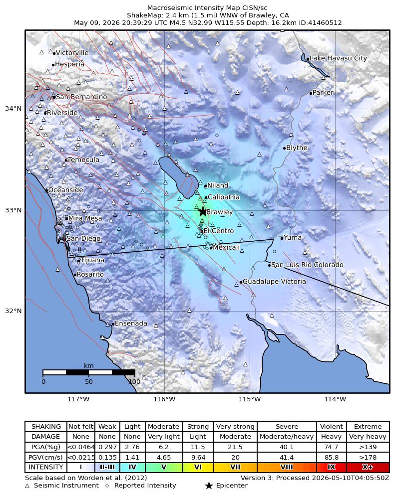 USGS ShakeMap intensity contours for the M4.5 earthquake near 2 km WNW of Brawley, CA