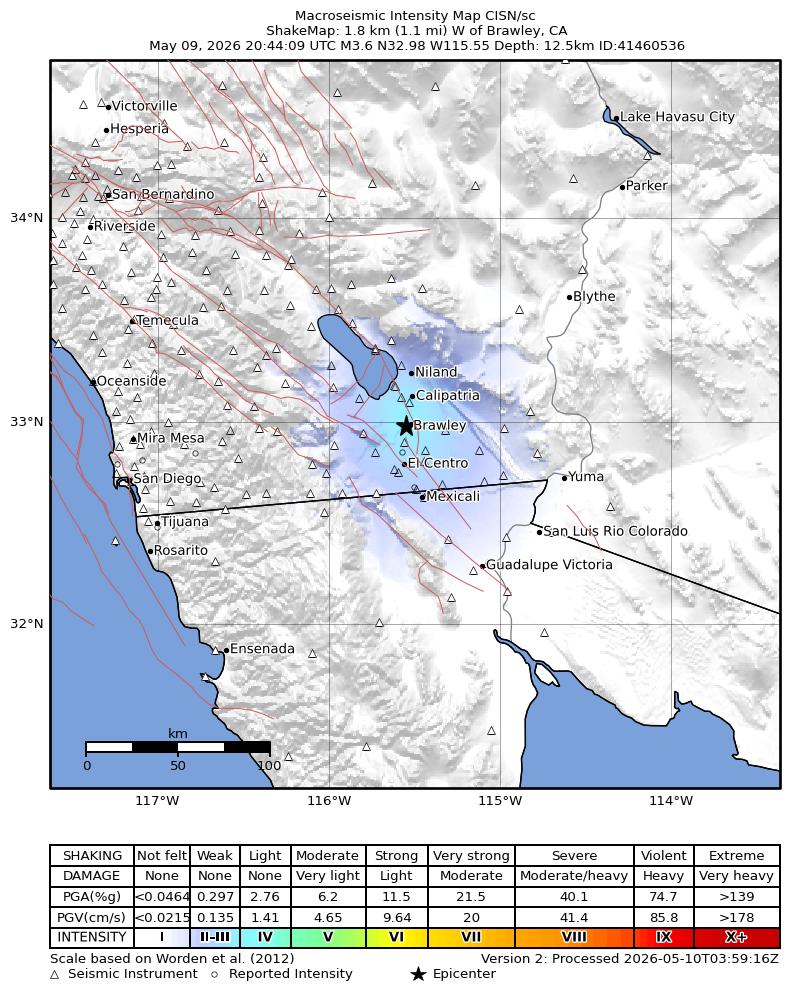 USGS ShakeMap intensity contours for the M3.6 earthquake near 2 km W of Brawley, CA