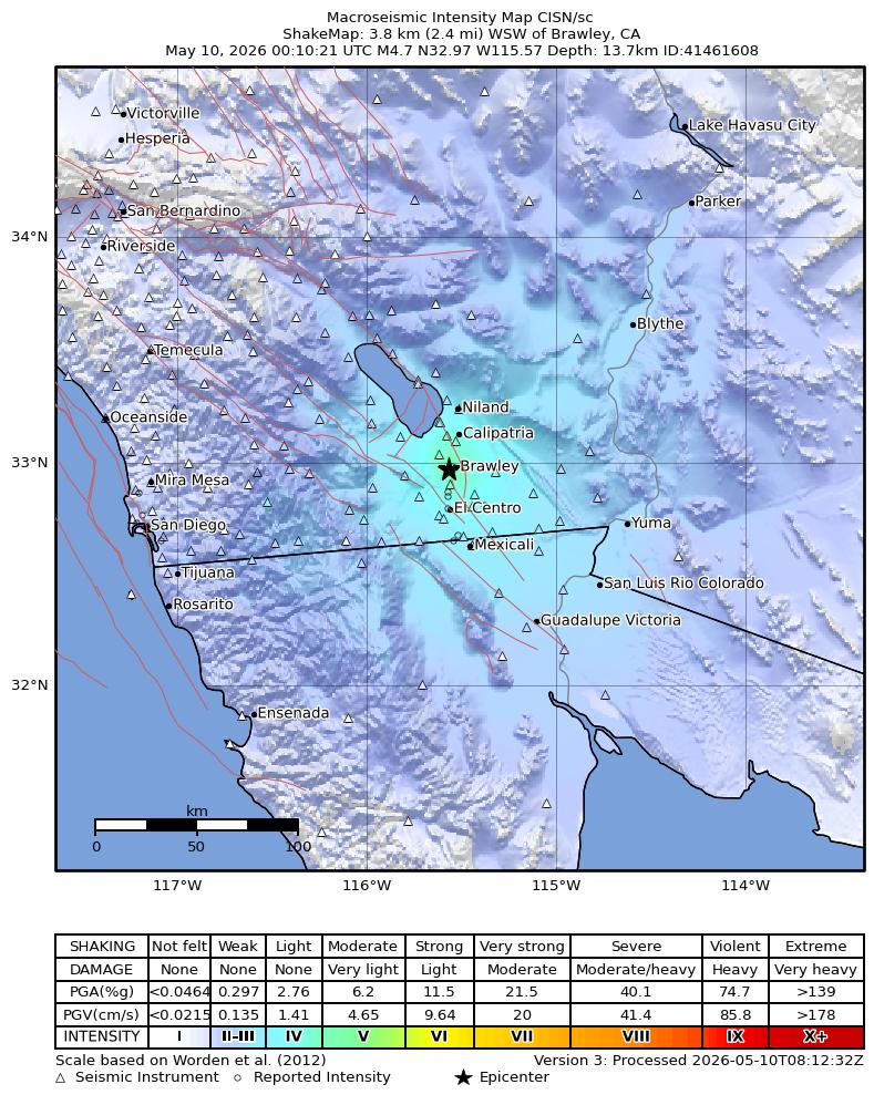 USGS ShakeMap intensity contours for the M4.7 earthquake near 4 km WSW of Brawley, CA