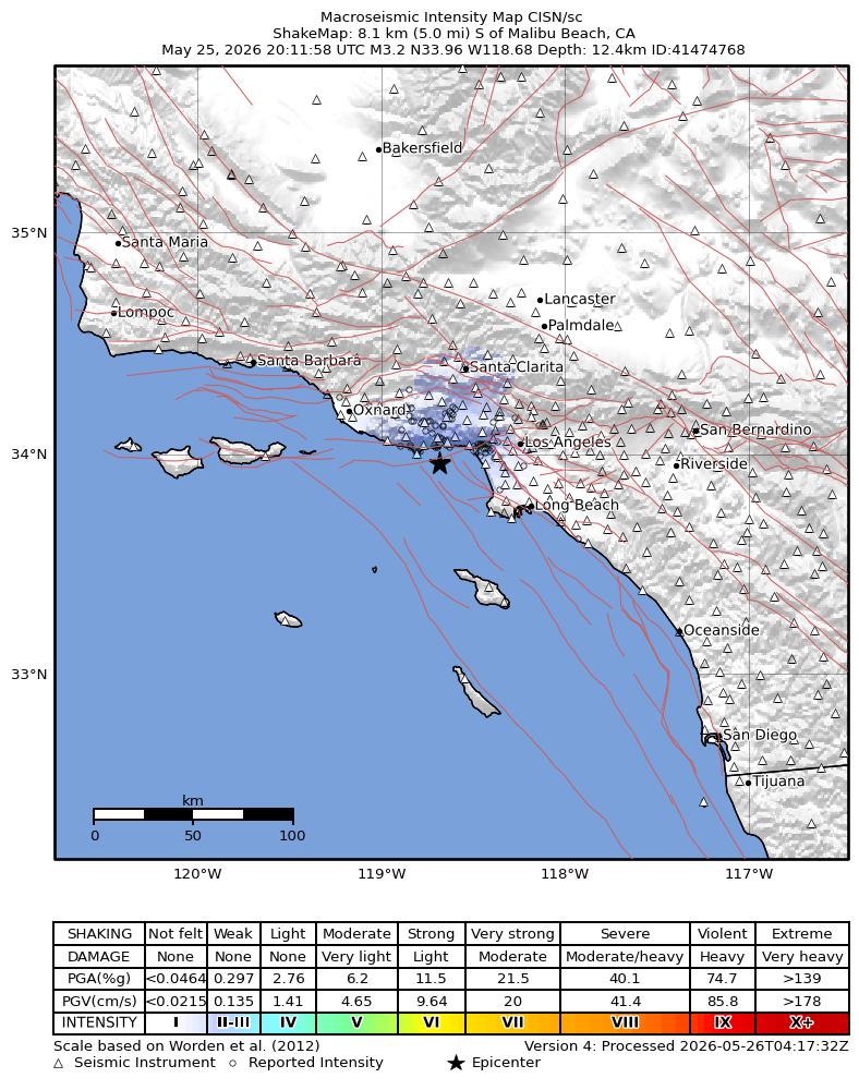 USGS ShakeMap intensity contours for the M3.2 earthquake near 8 km S of Malibu Beach, CA