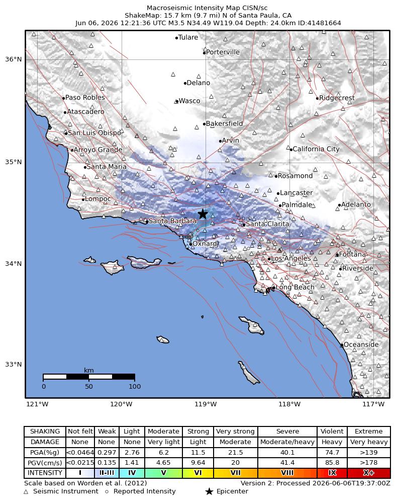 USGS ShakeMap intensity contours for the M3.5 earthquake near 15 km NW of Fillmore, CA