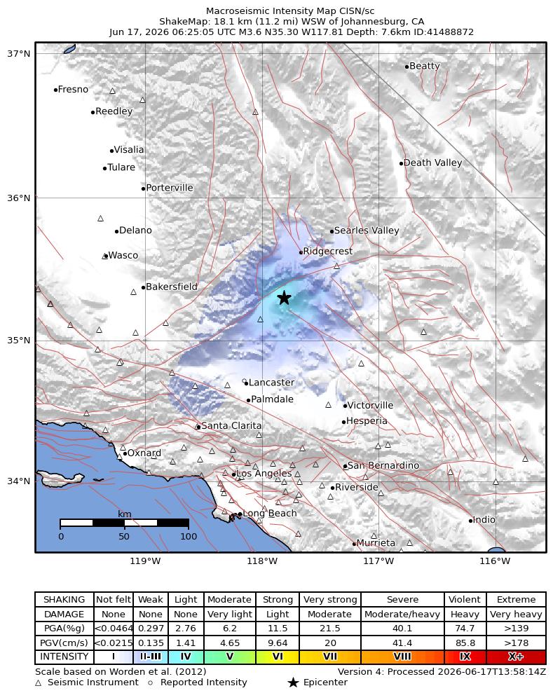 USGS ShakeMap intensity contours for the M3.5 earthquake near 18 km WSW of Johannesburg, CA