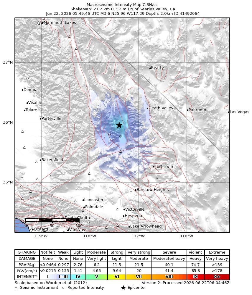 USGS ShakeMap intensity contours for the M3.6 earthquake near 21 km N of Searles Valley, CA