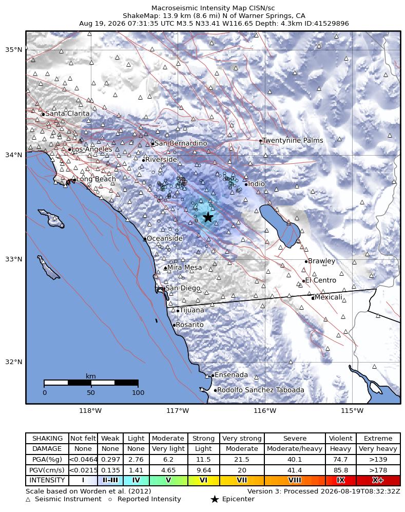 USGS ShakeMap intensity contours for the M3.5 earthquake near 14 km N of Warner Springs, CA