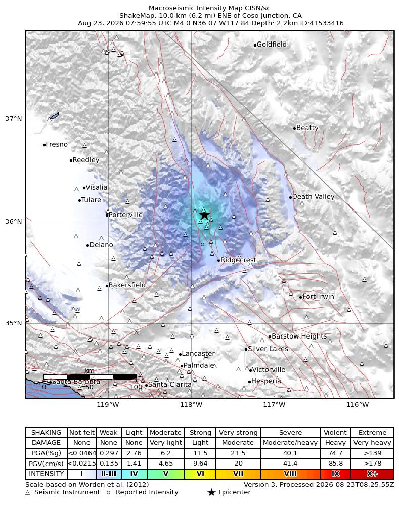 USGS ShakeMap intensity contours for the M4.0 earthquake near 10 km ENE of Coso Junction, CA