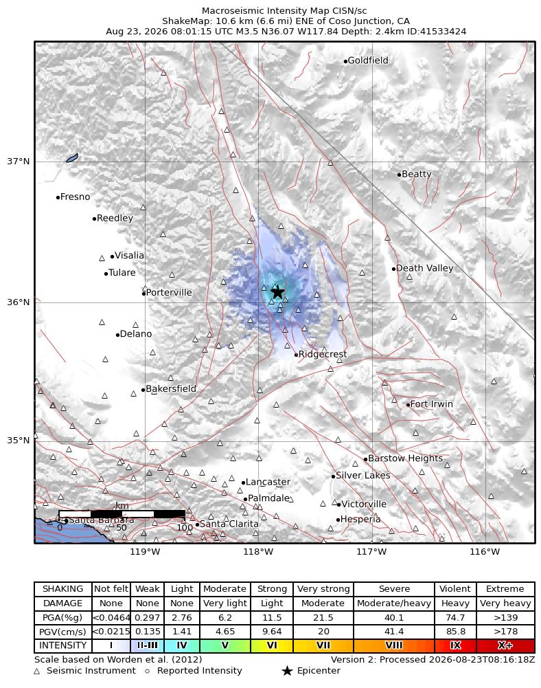 USGS ShakeMap intensity contours for the M3.5 earthquake near 11 km ENE of Coso Junction, CA