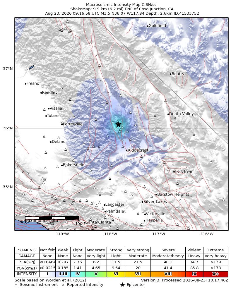 USGS ShakeMap intensity contours for the M3.5 earthquake near 10 km ENE of Coso Junction, CA