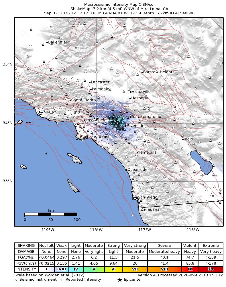 USGS ShakeMap intensity contours for the M3.4 earthquake near 6 km SE of Ontario, CA