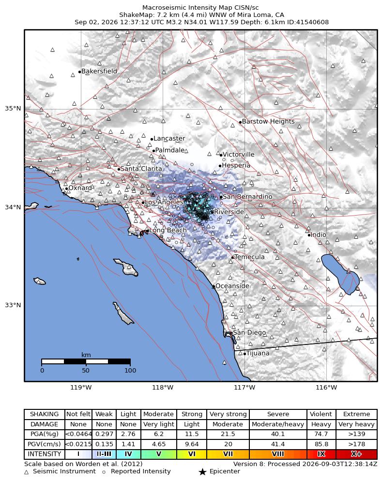 USGS ShakeMap intensity contours for the M3.2 earthquake near 6 km SE of Ontario, CA