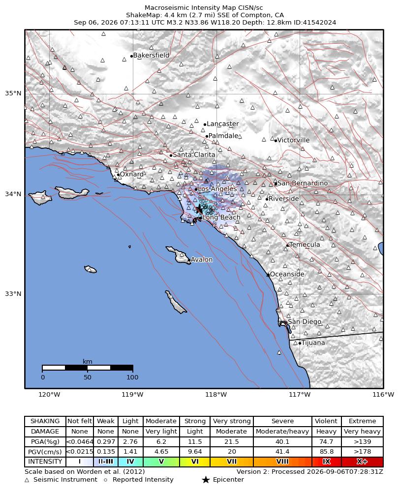 USGS ShakeMap intensity contours for the M3.2 earthquake near 4 km SSE of Compton, CA