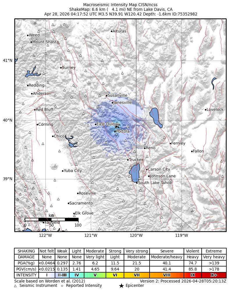USGS ShakeMap intensity contours for the M3.5 earthquake near 7 km NE of Lake Davis, CA