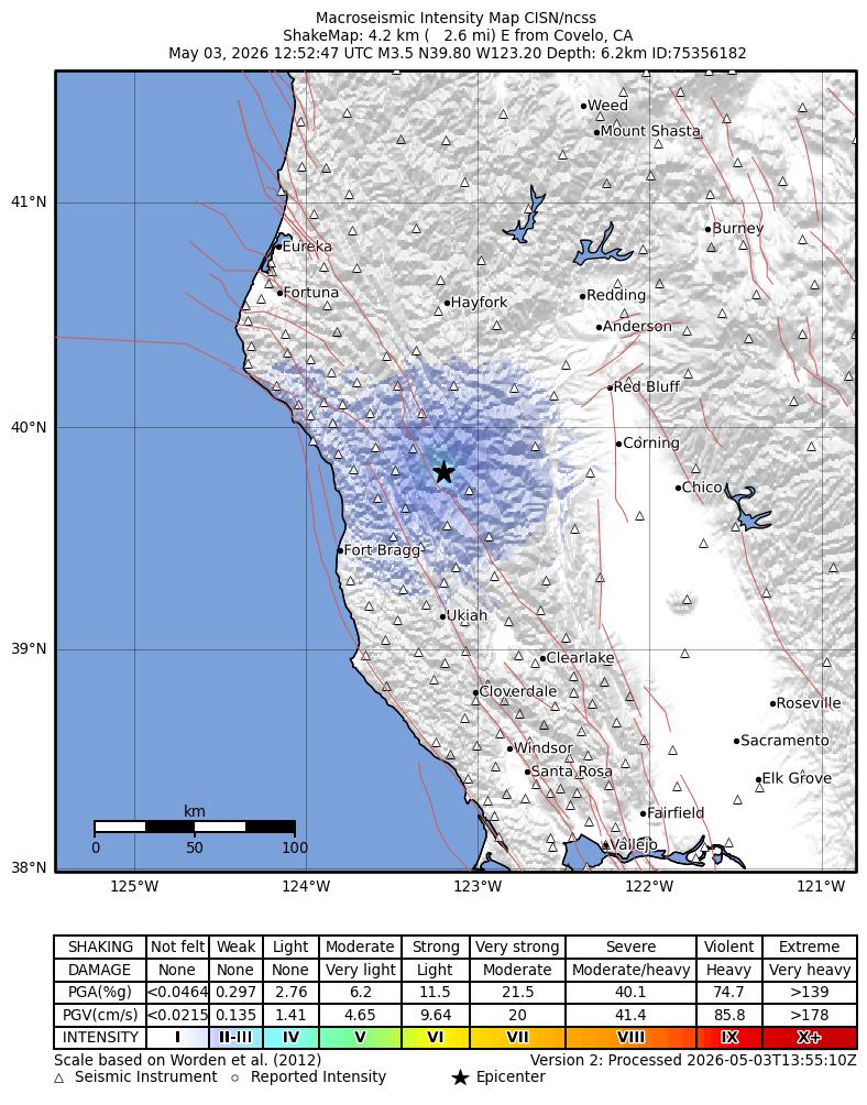 USGS ShakeMap intensity contours for the M3.5 earthquake near 4 km E of Covelo, CA