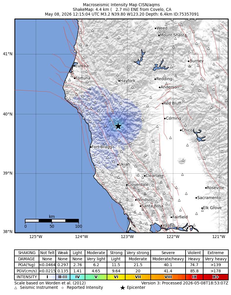 USGS ShakeMap intensity contours for the M3.2 earthquake near 4 km ENE of Covelo, CA