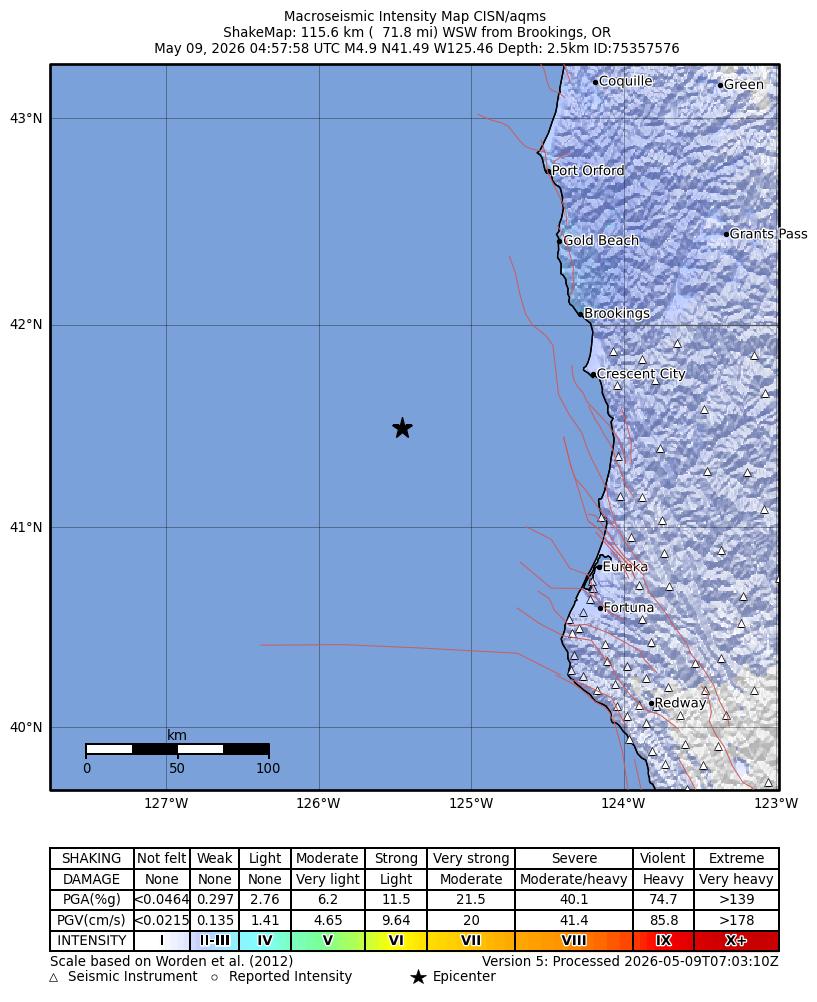 USGS ShakeMap intensity contours for the M4.8 earthquake near 108 km WSW of Crescent City, CA