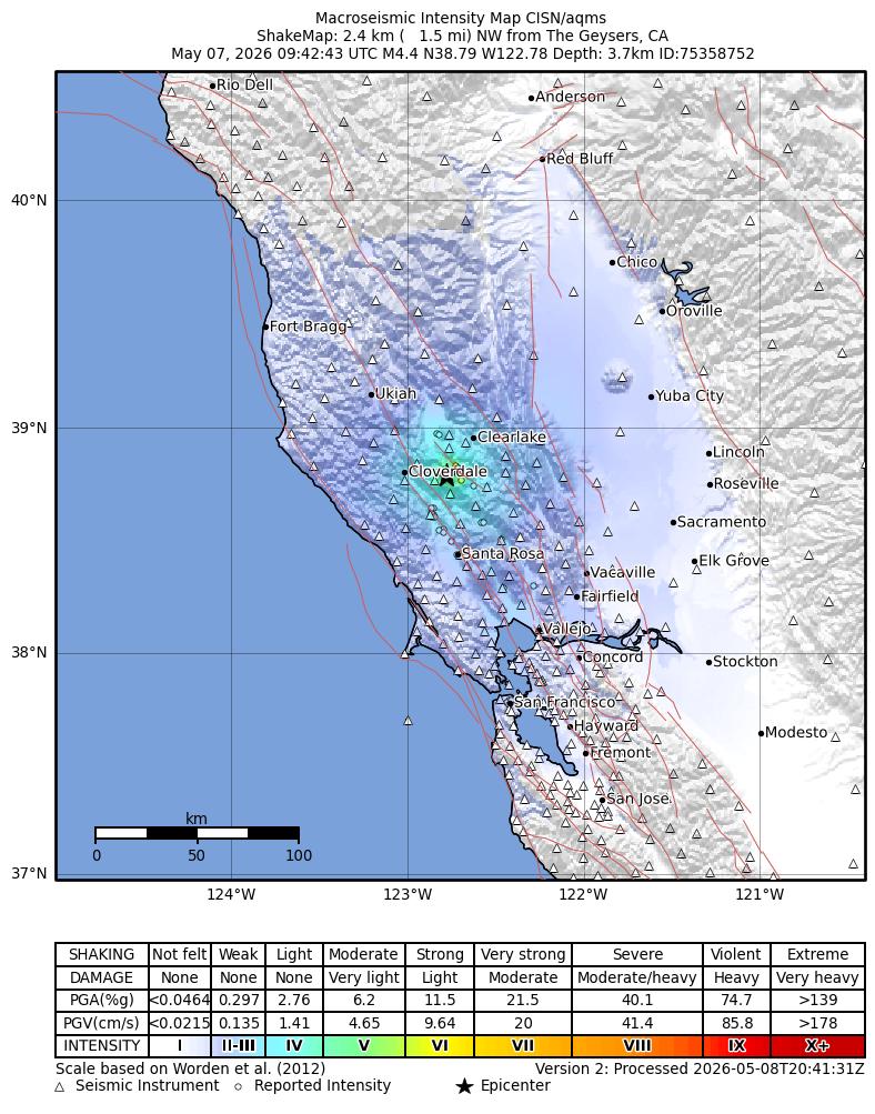 USGS ShakeMap intensity contours for the M4.4 earthquake near 2 km NW of The Geysers, CA