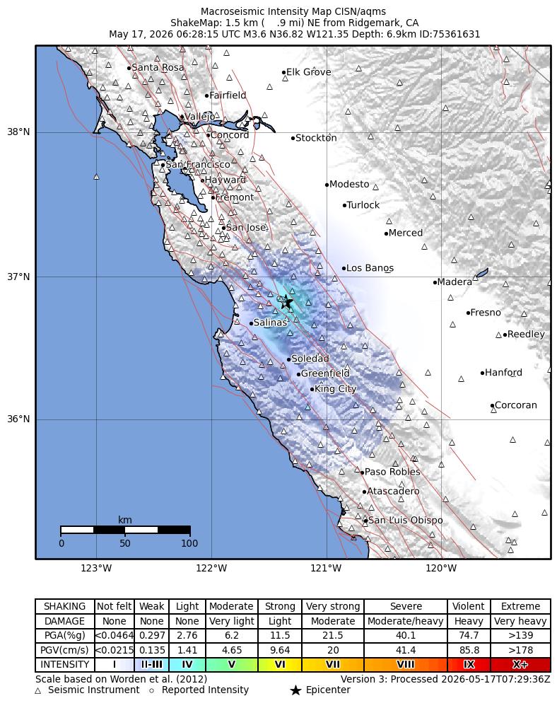 USGS ShakeMap intensity contours for the M3.6 earthquake near 1 km NE of Ridgemark, CA