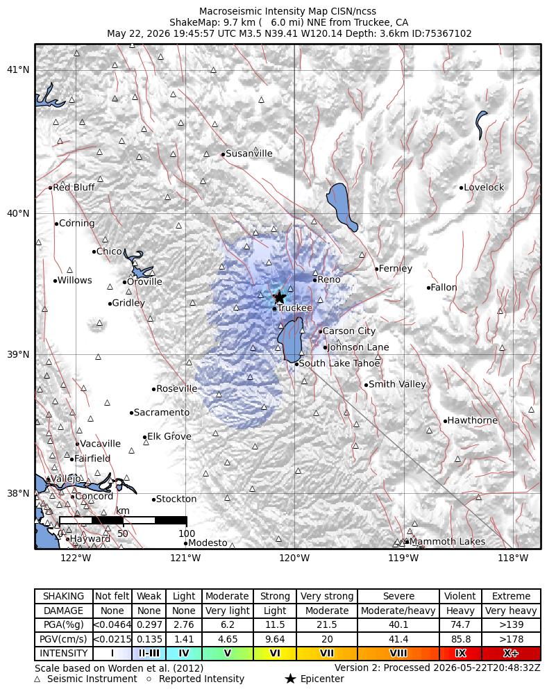 USGS ShakeMap intensity contours for the M3.5 earthquake near 10 km NNE of Truckee, CA