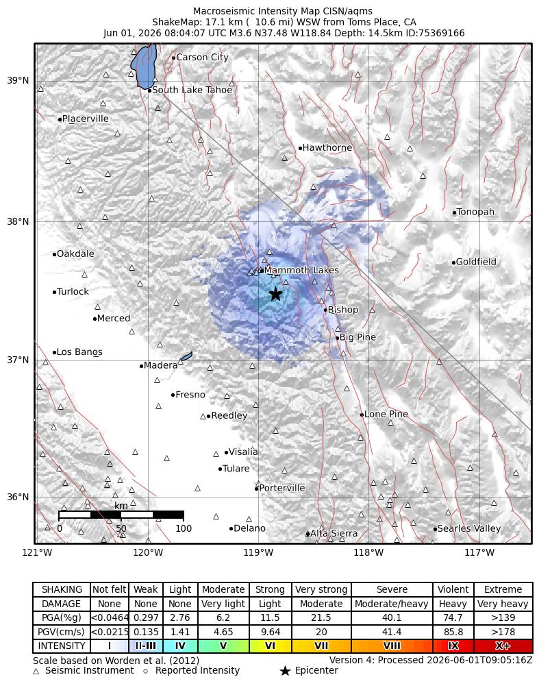 USGS ShakeMap intensity contours for the M3.6 earthquake near 17 km WSW of Toms Place, CA