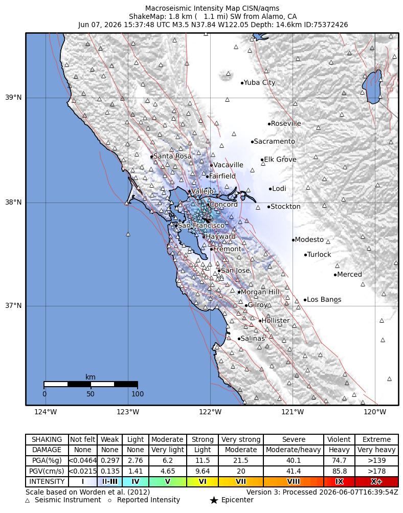 USGS ShakeMap intensity contours for the M3.5 earthquake near 2 km SW of Alamo, CA