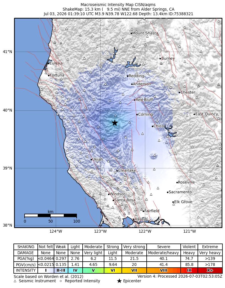 USGS ShakeMap intensity contours for the M3.9 earthquake near 15 km NNE of Alder Springs, CA