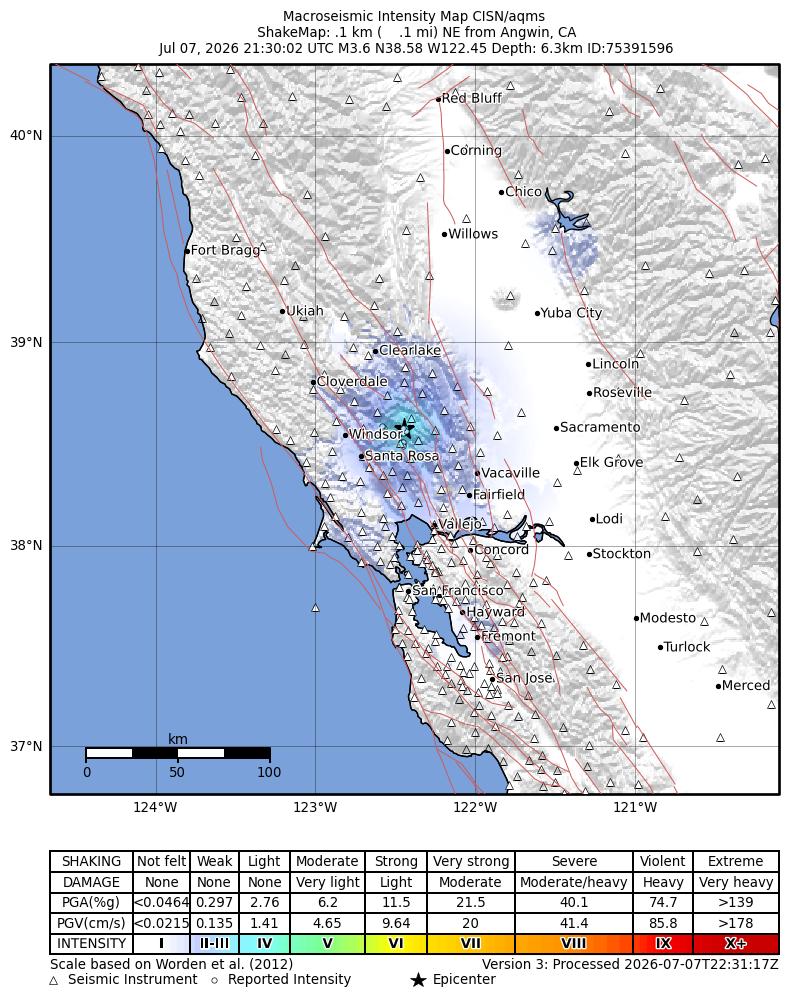 USGS ShakeMap intensity contours for the M3.6 earthquake near 0 km NE of Angwin, CA