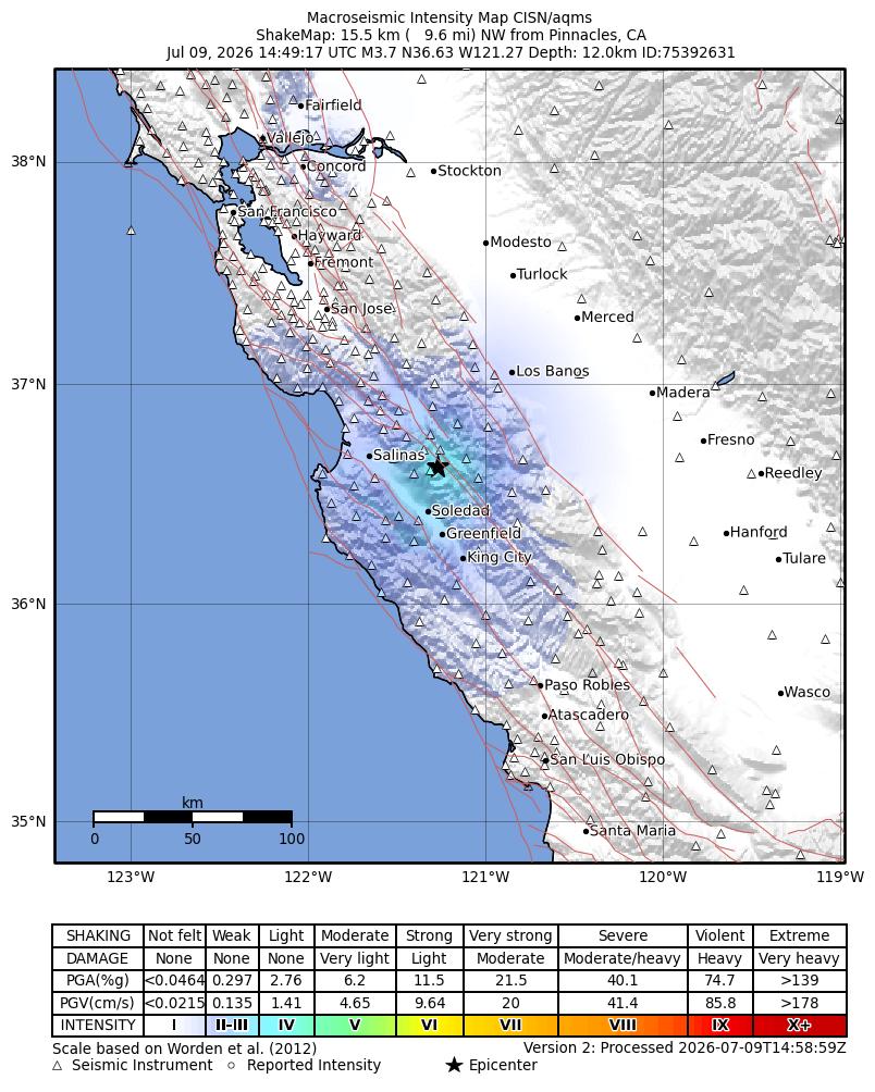 USGS ShakeMap intensity contours for the M3.6 earthquake near 15 km NW of Pinnacles, CA
