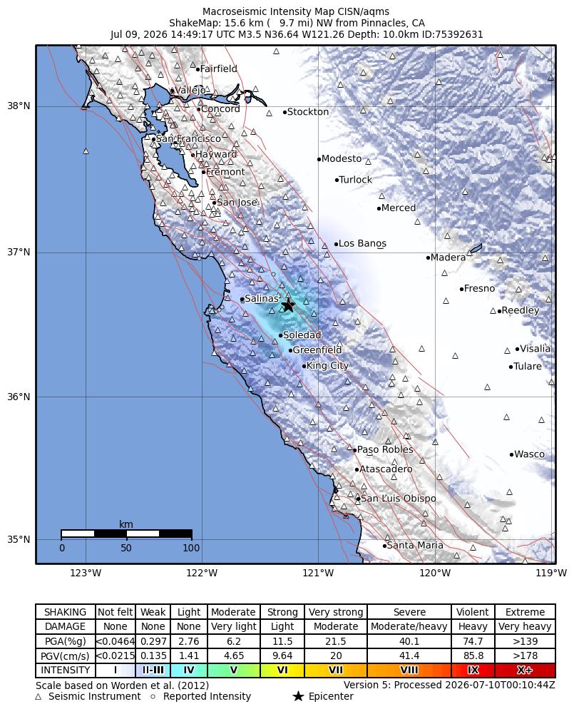 USGS ShakeMap intensity contours for the M3.5 earthquake near 16 km NW of Pinnacles, CA