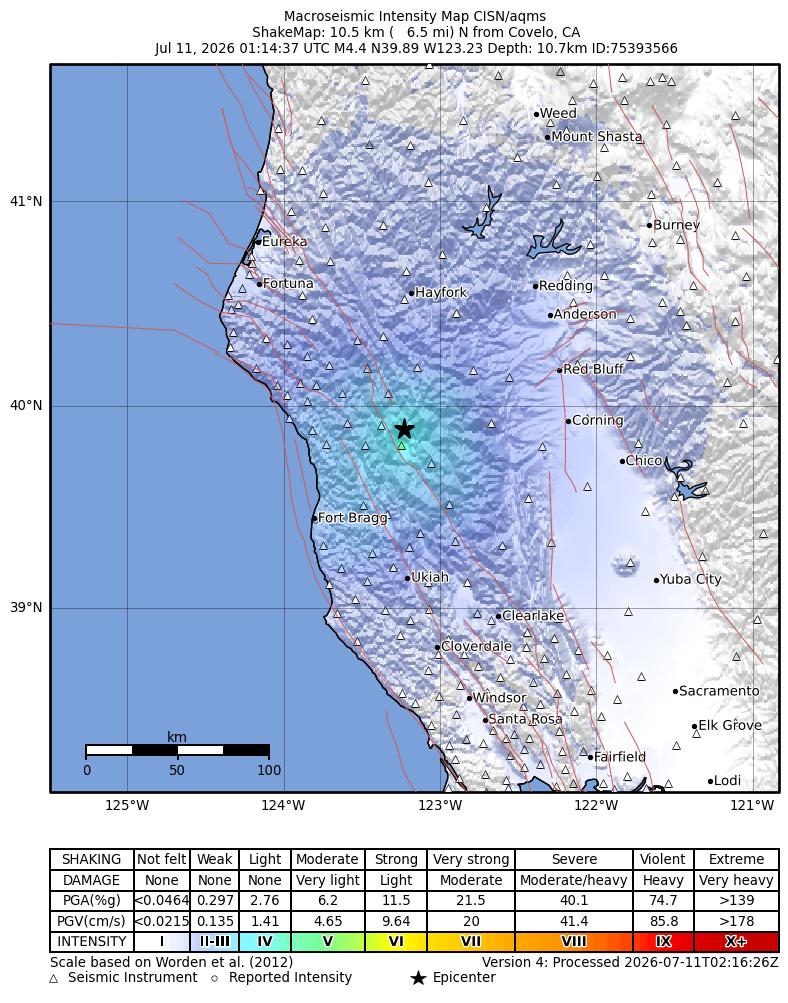 USGS ShakeMap intensity contours for the M4.4 earthquake near 11 km N of Covelo, CA