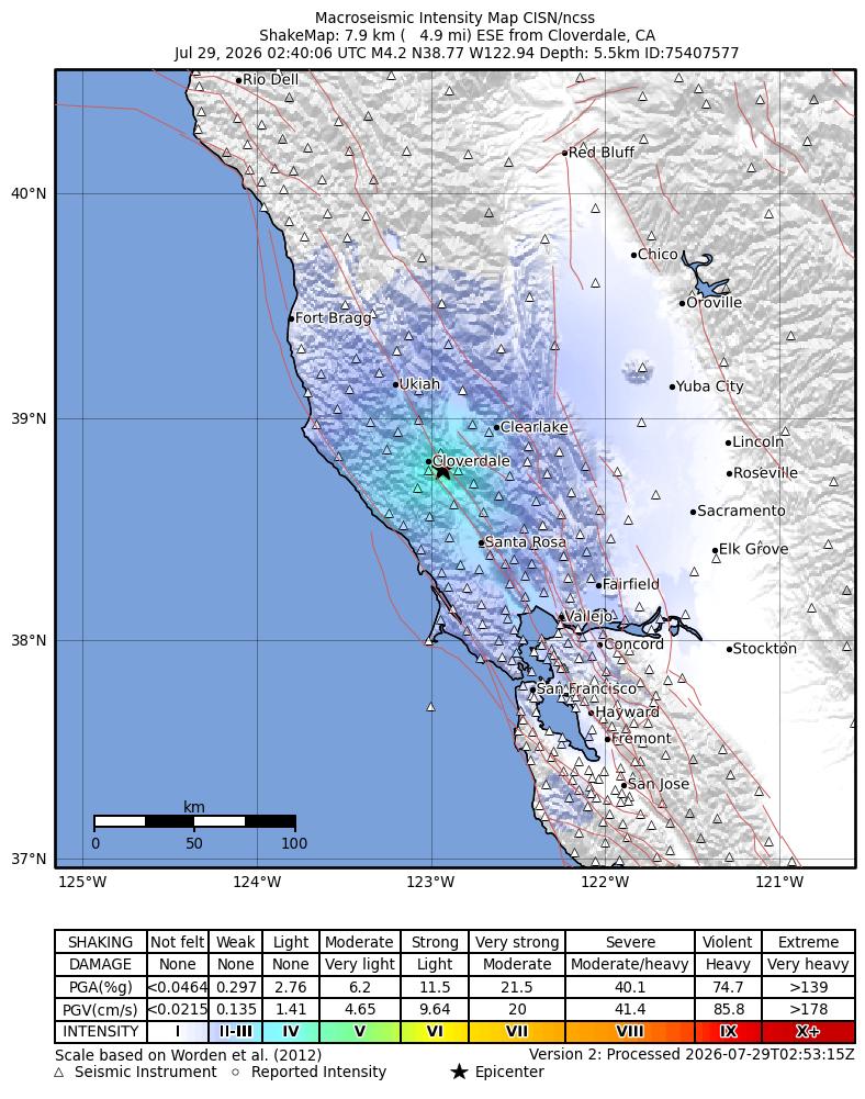 USGS ShakeMap intensity contours for the M4.3 earthquake near 8 km ESE of Cloverdale, CA