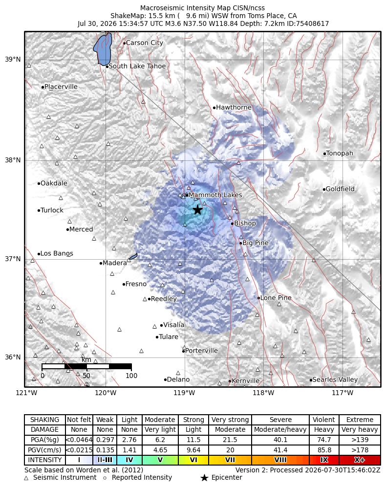 USGS ShakeMap intensity contours for the M3.6 earthquake near 15 km WSW of Toms Place, CA