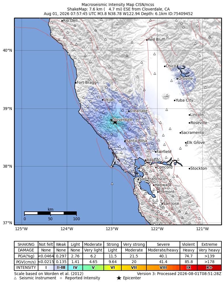 USGS ShakeMap intensity contours for the M3.8 earthquake near 8 km ESE of Cloverdale, CA