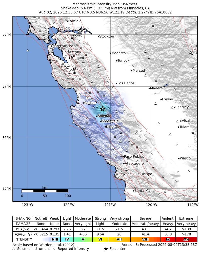 USGS ShakeMap intensity contours for the M3.5 earthquake near 6 km NW of Pinnacles, CA