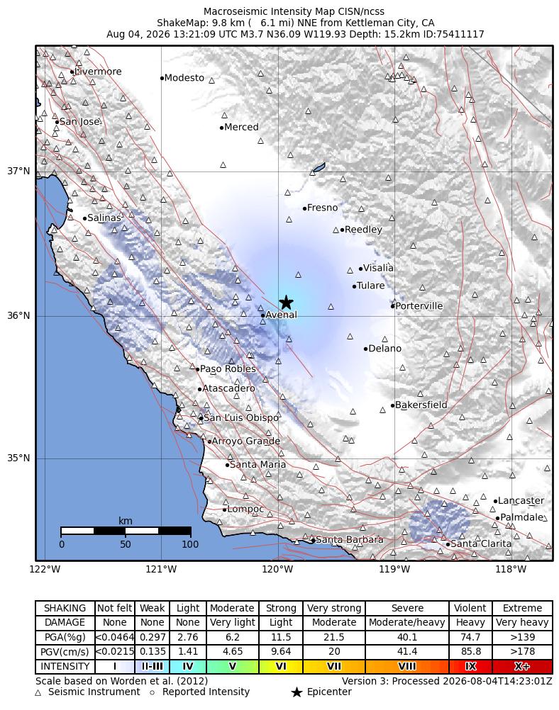 USGS ShakeMap intensity contours for the M3.7 earthquake near 10 km NNE of Kettleman City, CA