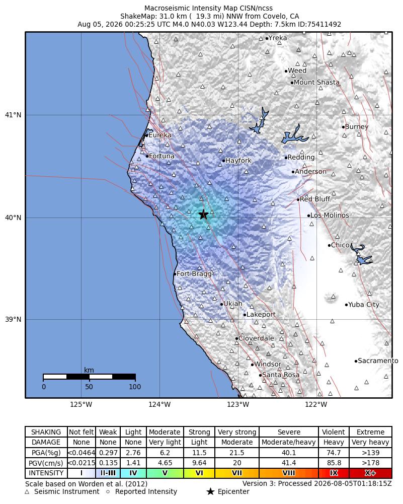 USGS ShakeMap intensity contours for the M4.0 earthquake near 31 km NNW of Covelo, CA