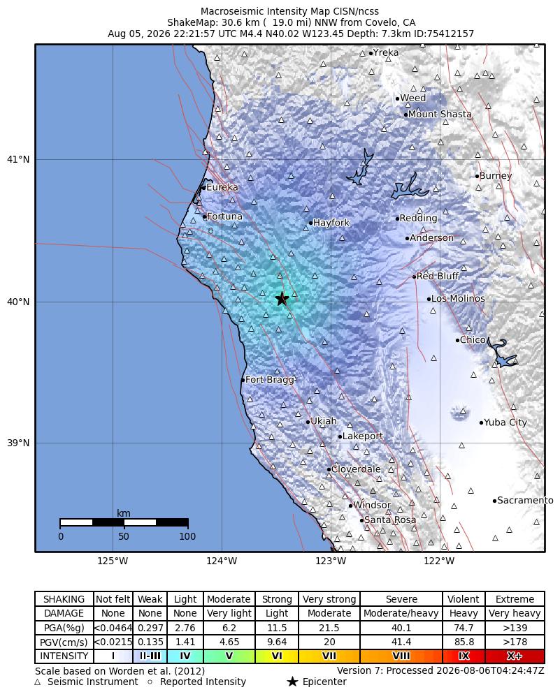 USGS ShakeMap intensity contours for the M4.4 earthquake near 31 km NNW of Covelo, CA