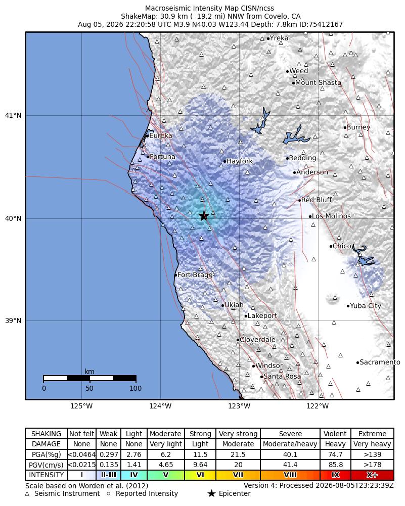USGS ShakeMap intensity contours for the M3.9 earthquake near 31 km NNW of Covelo, CA