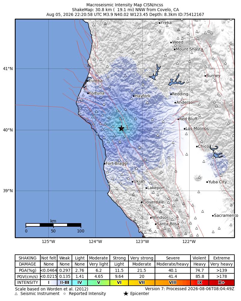 USGS ShakeMap intensity contours for the M3.9 earthquake near 31 km NNW of Covelo, CA