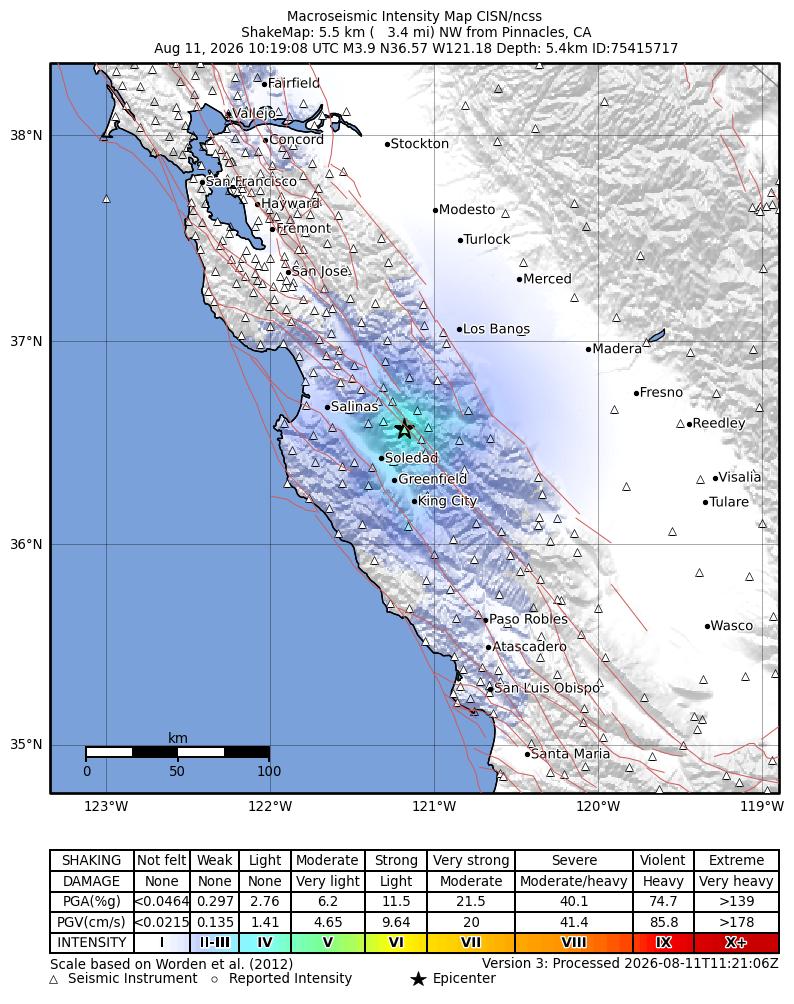 USGS ShakeMap intensity contours for the M3.9 earthquake near 5 km NW of Pinnacles, CA