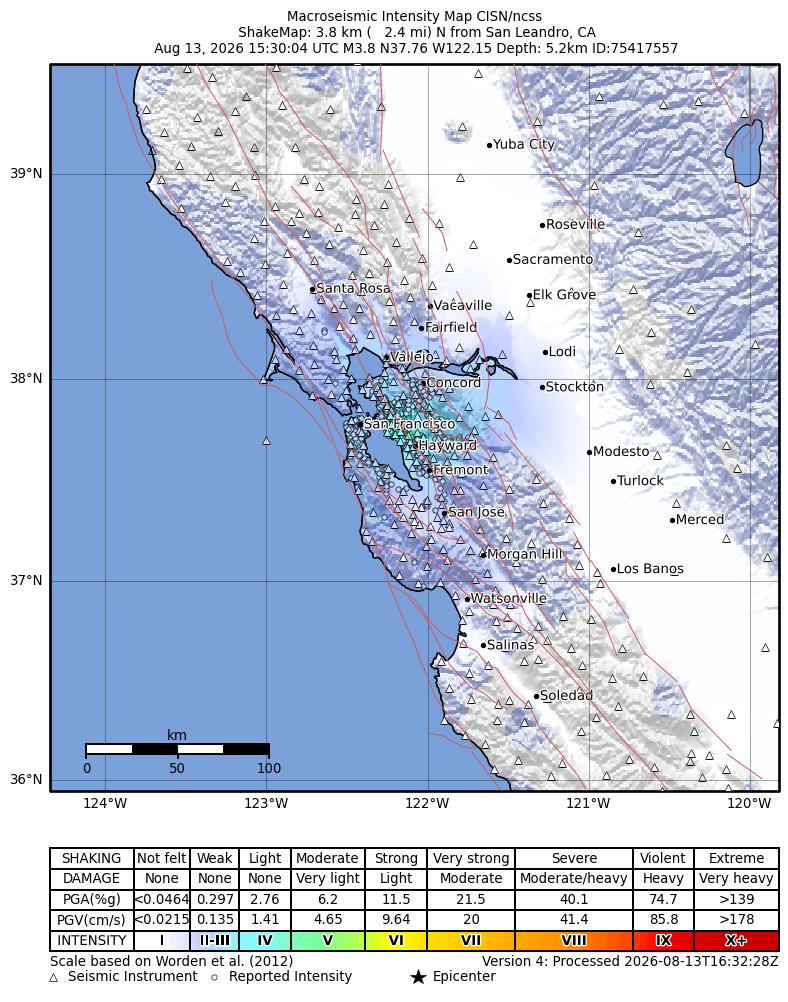 USGS ShakeMap intensity contours for the M3.8 earthquake near 4 km N of San Leandro, CA