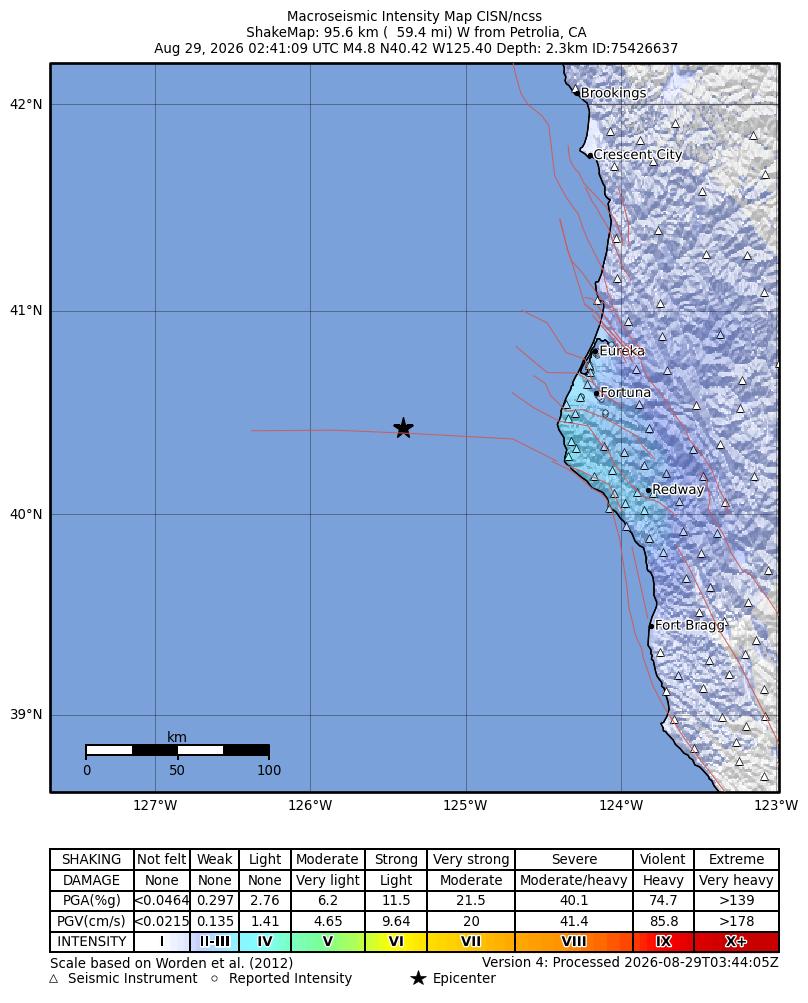 USGS ShakeMap intensity contours for the M4.8 earthquake near 95 km W of Petrolia, CA