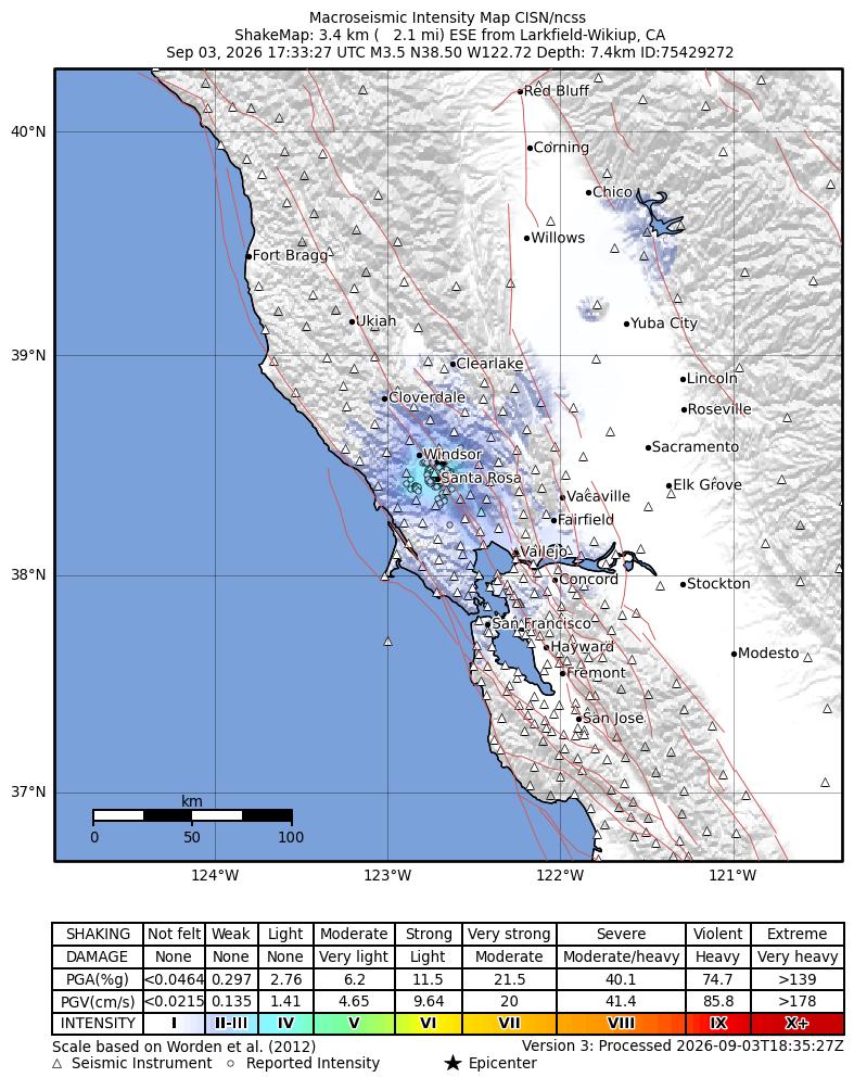 USGS ShakeMap intensity contours for the M3.5 earthquake near 3 km ESE of Larkfield-Wikiup, CA