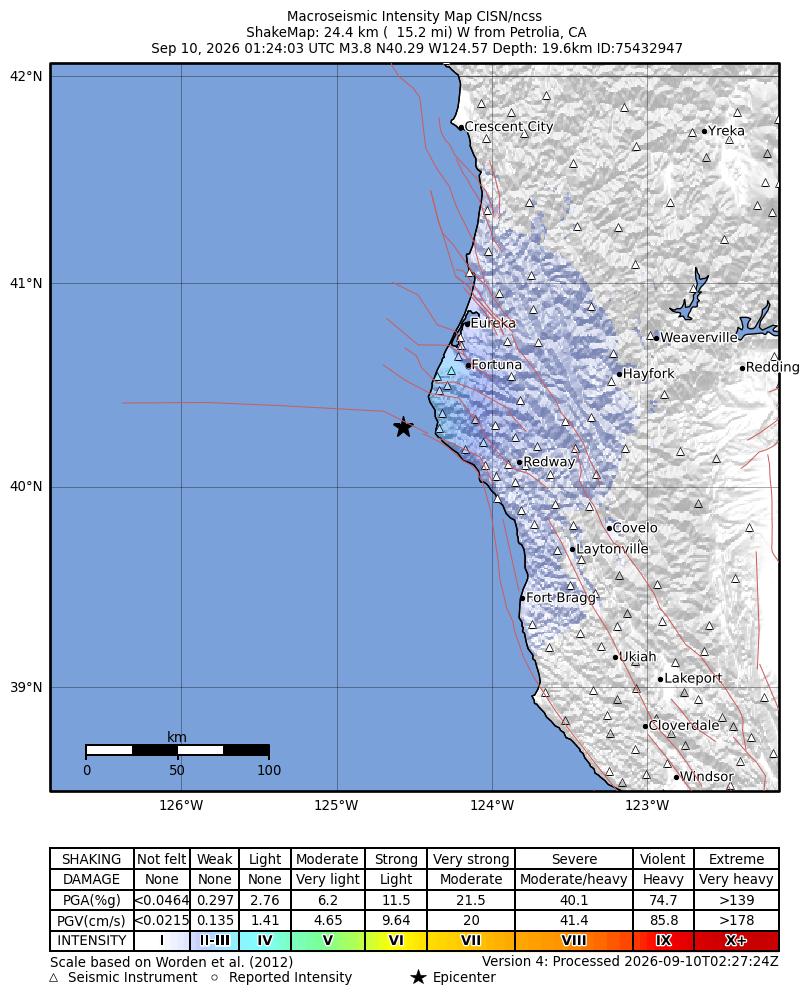 USGS ShakeMap intensity contours for the M3.8 earthquake near 24 km W of Petrolia, CA
