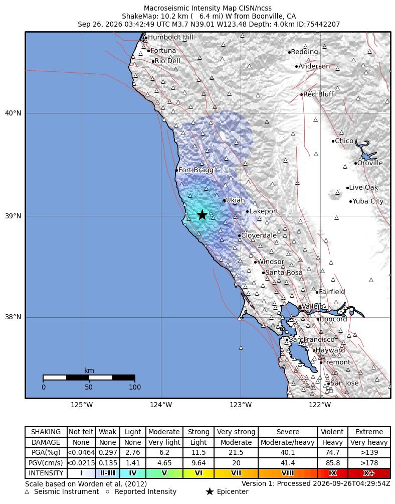USGS ShakeMap intensity contours for the M3.7 earthquake near 10 km W of Boonville, CA