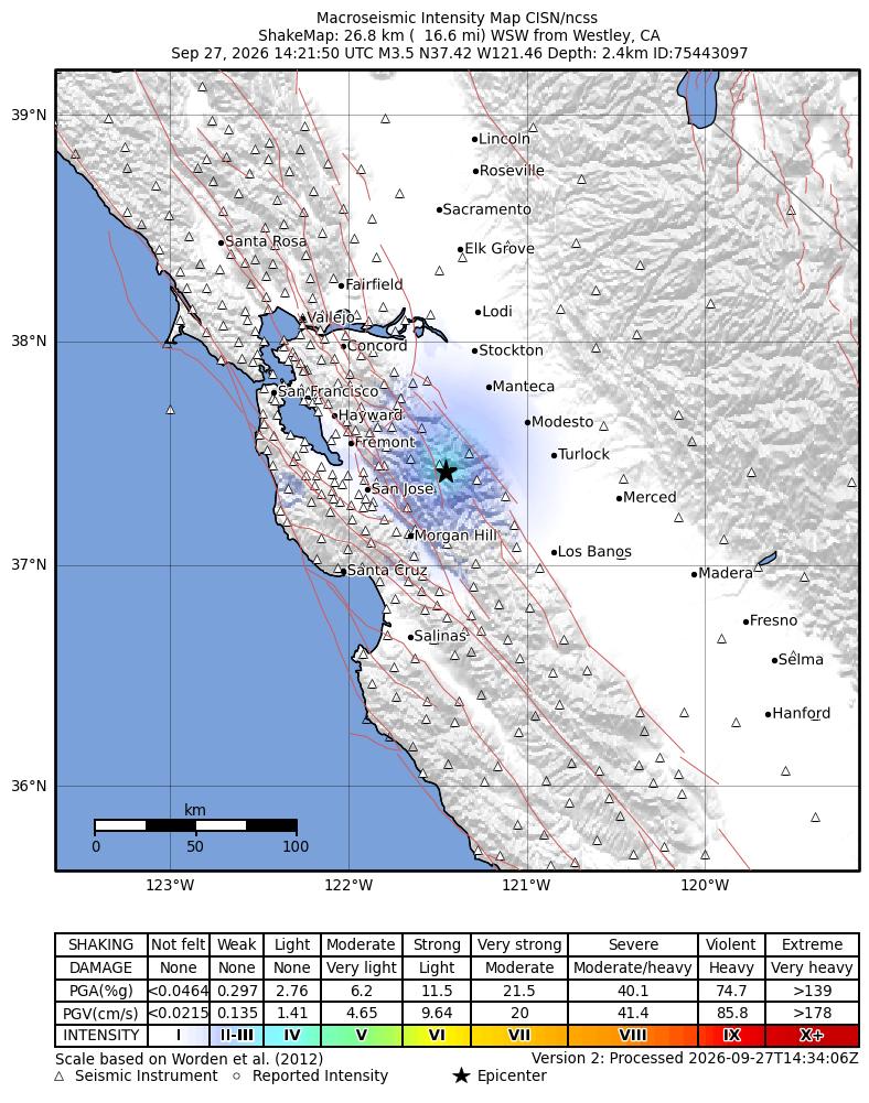 USGS ShakeMap intensity contours for the M3.5 earthquake near 27 km WSW of Westley, CA