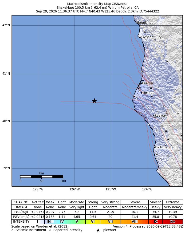 USGS ShakeMap intensity contours for the M4.7 earthquake near 100 km W of Petrolia, CA