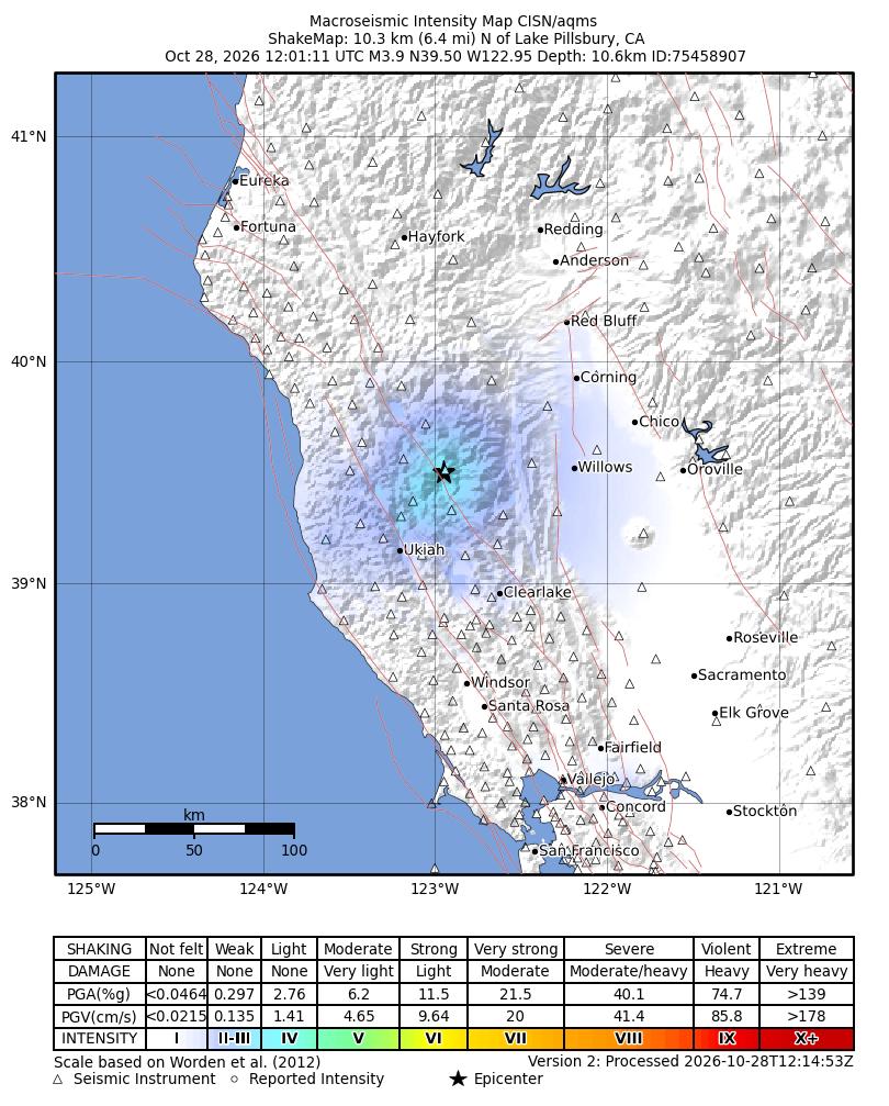 USGS ShakeMap intensity contours for the M4.0 earthquake near 10 km N of Lake Pillsbury, CA